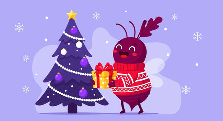 Festive Vegetable Animated Character Offering Golden Parcel By Decorated Christmas Tree