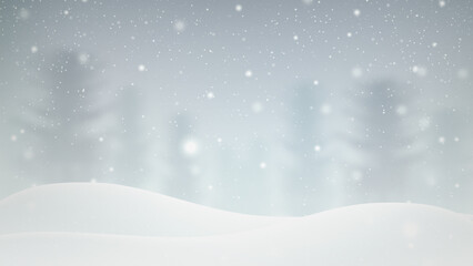 Minimal winter Christmas background with snowy landscape, falling snow and blurred pine trees, festive seasonal holiday template for greeting cards, posters, banners, invitations and designs