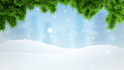 Winter Christmas background with snowy landscape and pine branches hanging from top, festive seasonal holiday template for greeting cards, posters, banners, invitations and celebration designs