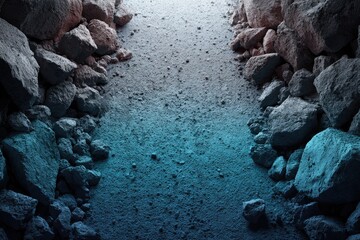 Dusty path between teal-tinted rocks