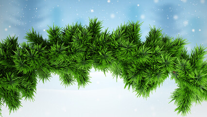 Realistic pine garland close-up on snowy winter background, festive Christmas decoration element template for greeting cards, posters, banners, invitations and holiday seasonal designs