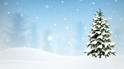 Snowy Christmas tree on winter landscape with falling snow and blue sky background, festive seasonal holiday template for greeting cards, posters, banners, invitations and celebration designs