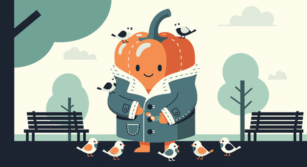 Friendly Pumpkin Character Enjoying Nature Among Playful Birds In The Park