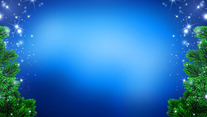 Christmas background with pine branches and glowing stars on blue gradient backdrop, festive seasonal frame design template for greeting cards, posters, banners, invitations and holiday celebrations