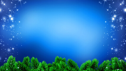 Christmas background with pine branches and glowing stars on blue gradient backdrop, festive seasonal template for greeting cards, posters, banners, invitations and holiday celebration designs