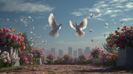 Two white doves fly over a flower-filled cemetery with a city skyline in the background