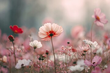 Close-up of a cosmos flower field with focus on one blossom, diffused sunlight.