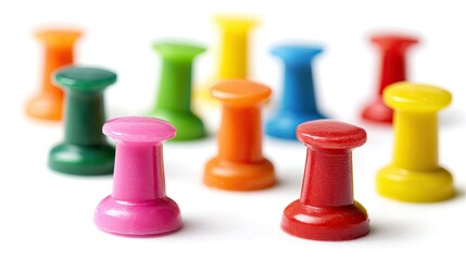Assorted colorful push pins clustered on white background.  Close-up view of various hues including pink, red, orange, yellow, green, and blue.  Circular heads and points.  Shallow depth of field