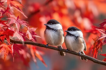 Scenic autumn park featuring two charming tits perched on a maple branch adorned with vivid red foliage under a clear sky