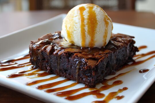 Savor a rich chocolate brownie topped with caramel and creamy vanilla ice cream ideal for a leisurely night at a European inspired eatery