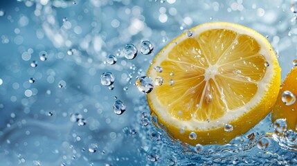 Splash of sliced lemon with water drops over blue background