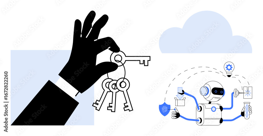 Aufkleber black hand holding keys and futuristic robot performing various digital tasks with cloud icon. ideal