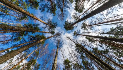 Looking up through tall pine trees towards a bright blue sky with white clouds.