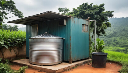Obraz premium Metal rainwater container rural home