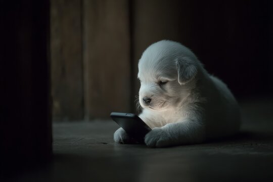 Adorable puppy clutches phone, embracing the nighttime fright. Smartphone glow. Discover how big cities drive global innovation. Life in megacities. Urban world flow.