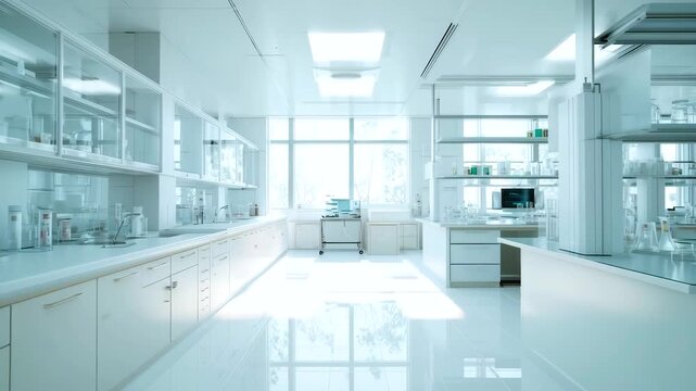 Clean white microbiology laboratory with bright natural light, soft shadows, glossy floor, modern scientific equipment, glassware, and cabinets