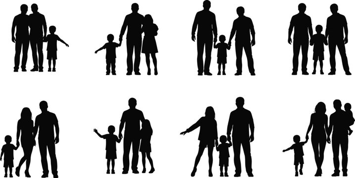 Silhouette family set featuring parents with children in various poses, ideal for parenting themes, family unity, and vector designs.