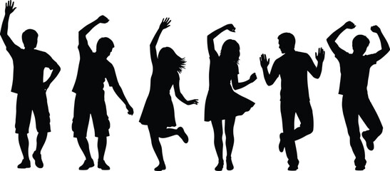 Silhouette of dancing people in various poses, perfect for party themes, dance concepts, celebration, movement, and vector illustrations.