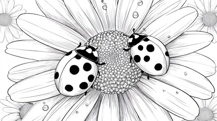 Line art of two ladybugs resting on the center of a large daisy flower