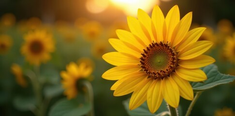 Sunlit single sunflower, sharp focus on petals, rustic feel , field, nature, sunflower