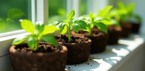 Tiny green tomato plants emerge from dark peat pots, basking in sunlight on a white sill , young, white, cultivation