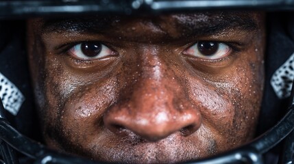 Close-up of a determined football player?s eyes, showing focus and intensity under a helmet.