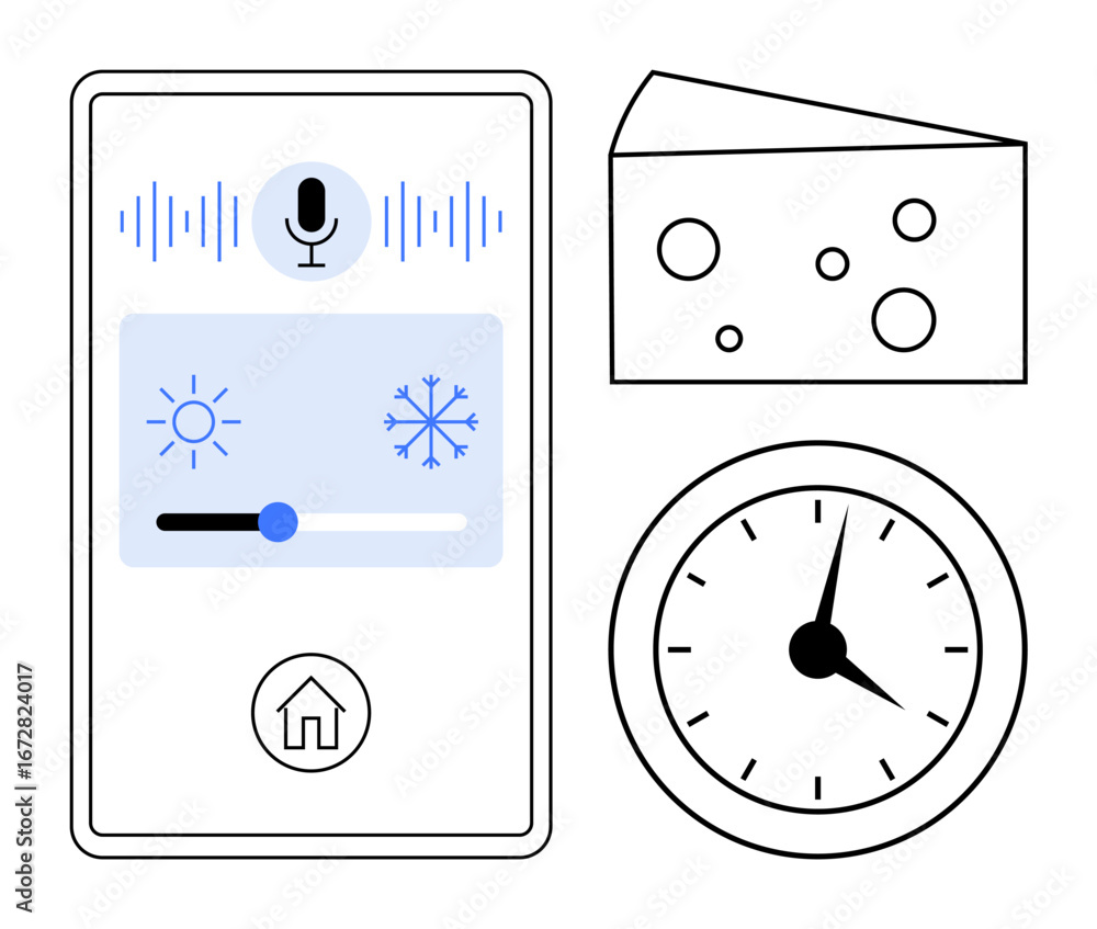 Poster smartphone interface with voice command, temperature control slider, wall clock, and a cheese block.
