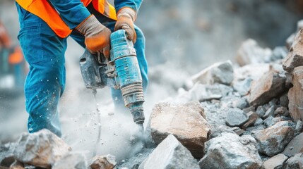 Construction worker using jackhammer on rocks