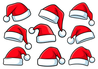 Set of Red and White Santa Claus Hats in Different Poses and Angles for Holiday Themes