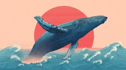 A blue aquatic cartoon dolphin leaps from the ocean, a symbol of marine life and nature's playful art