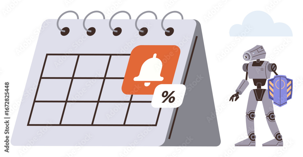 Poster robot with shield beside a calendar displaying notification badge and percentage icon. ideal for aut