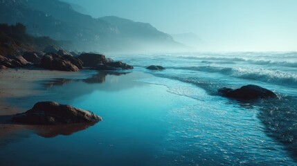 Serene Coastal Landscape with Reflective Tide Pools and Distant Mountains