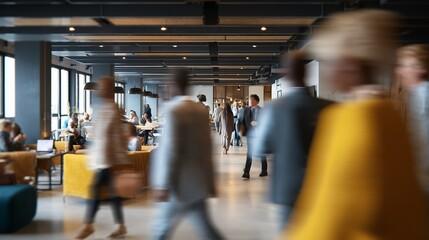 A bustling office lobby filled with diverse professionals walking and socializing in a modern, sunlit interior space.