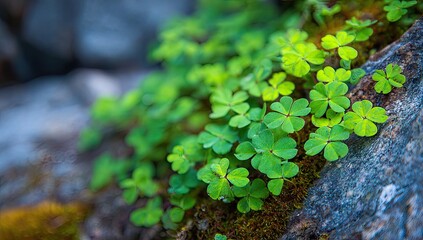 Green clover plants growing on mossy rock