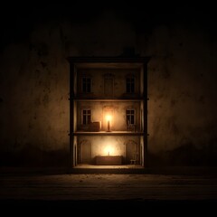 A Single Candle's Haunting Glow Illuminates the Desolate Halls of an Abandoned Dollhouse