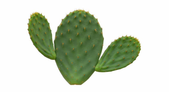 Close-up of Green Prickly Pear Cactus (Opuntia Nopal) with Flat Pads Isolated on Transparent PNG Background