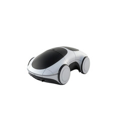 A futuristic vehicle with a sleek design and monochromatic color scheme is presented against a black backdrop.