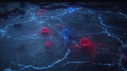 Abstract depiction of a futuristic urban sprawl with glowing entities network