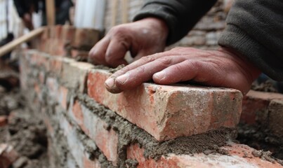 Close-up of bricklaying hands
