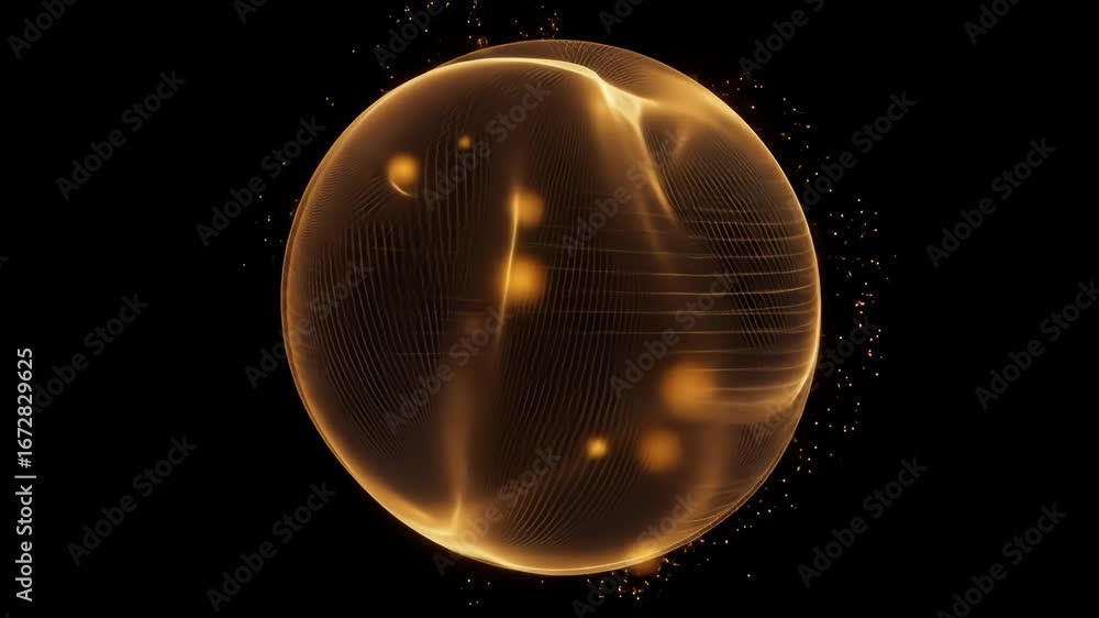 Poster golden sphere evolution: a dynamic display of shimmering light and volumetric grid forms in motion