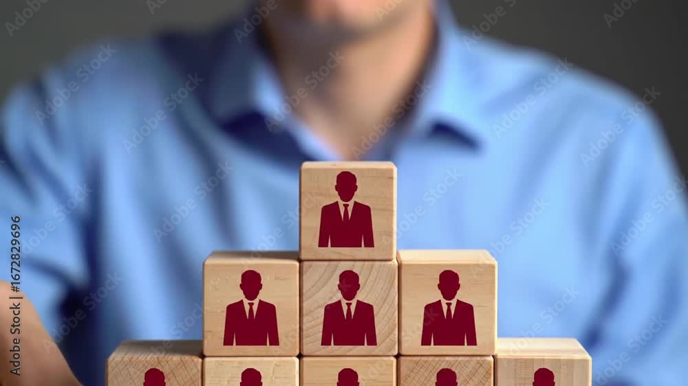 Poster hand placing business team block at top of wooden block pyramid in a pyramid scheme