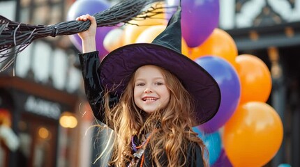 A young girl in a witch costume pointing her finger in a halloween decorated living room setting indoors