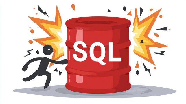 Cartoon person pushing against a red barrel with SQL text
