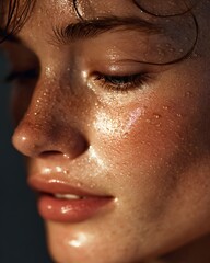 A woman's face is moist, with tiny drops of water like morning dew.