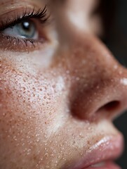 Fototapeta premium Small water drops stick to the bridge of the nose, making the skin look naturally moist.