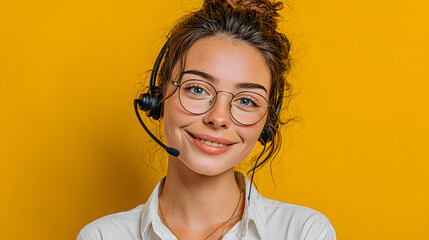 A young call center agent wearing a crisp white shir and headset smiles confidntly, exuding professionalsm and approachability wit bright yellow background nhancing her demeanor