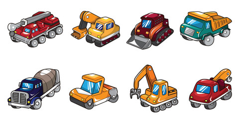 Naklejka premium Construction trucks. Equipment building trucks, excavation crane truck, tractors and bulldozers, large engine isolated vector illustration set