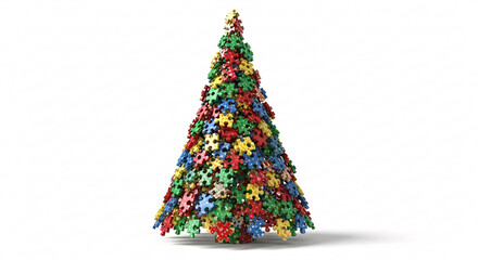 Christmas tree made of colorful puzzle pieces with a white background and isolated with shadow