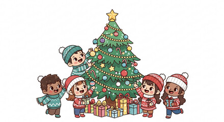 Children decorating Christmas tree with gifts below isolated on white background