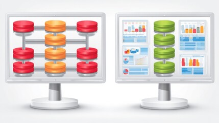 Two computer monitors displaying data visualizations